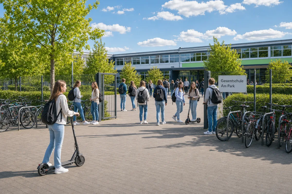 Jugendliche mit Helm auf E-Scootern auf dem Schulhof